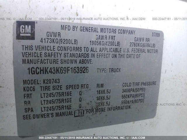 1GCHK43K69F163926 - 2009 CHEVROLET SILVERADO K2500 HEAVY DUTY WHITE photo 9