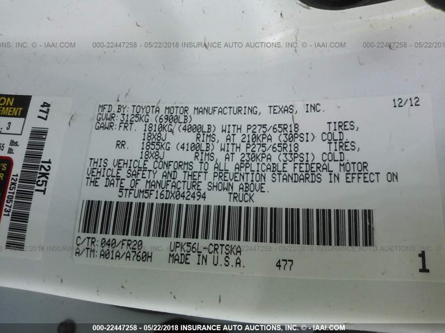 5TFUM5F16DX042494 - 2013 TOYOTA TUNDRA DOUBLE CAB SR5 WHITE photo 9