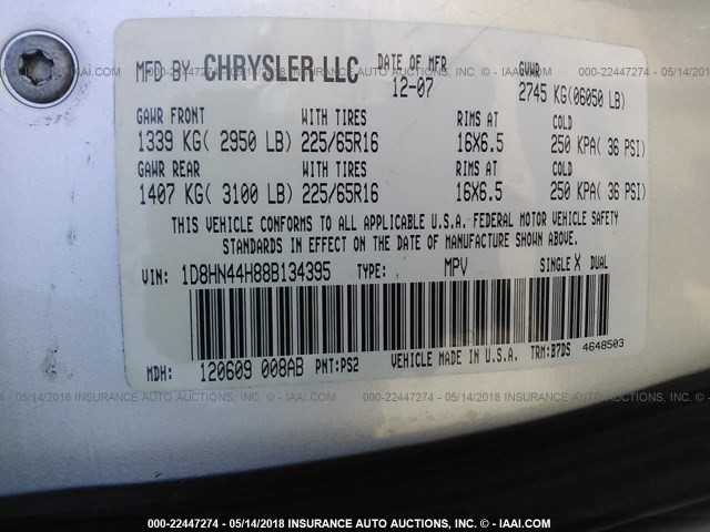 1D8HN44H88B134395 - 2008 DODGE GRAND CARAVAN SE GRAY photo 9