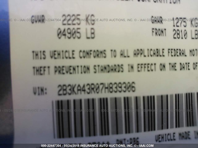 2B3KA43R07H839306 - 2007 DODGE CHARGER SE/SXT BLUE photo 9