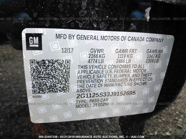 2G1125S33J9152695 - 2018 CHEVROLET IMPALA PREMIER Սև լուսանկար 9