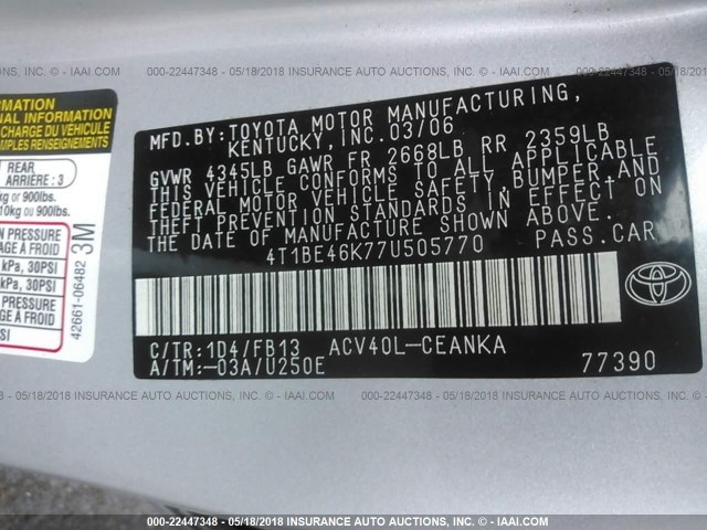 4T1BE46K77U505770 - 2007 TOYOTA CAMRY NEW GENERAT CE/LE/XLE/SE SILVER photo 9