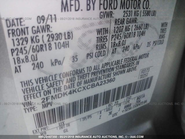 2FMDK4KCXCBA23360 - 2012 FORD EDGE LIMITED SILVER photo 9