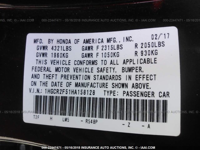 1HGCR2F51HA158128 - 2017 HONDA ACCORD SPORT 勃艮第红 照片 9