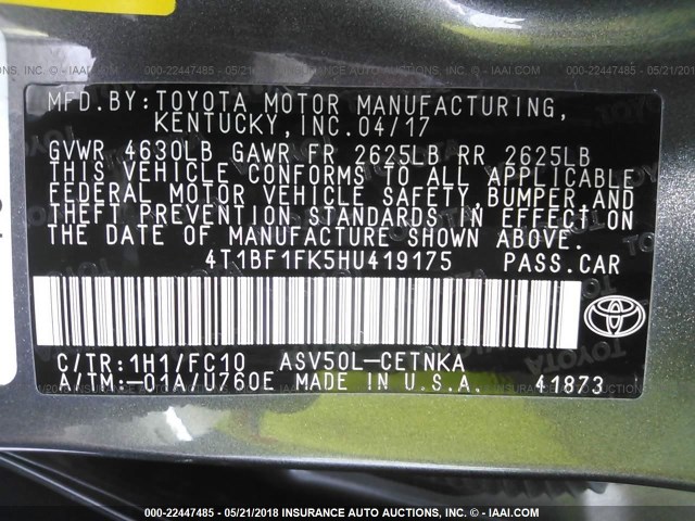 4T1BF1FK5HU419175 - 2017 TOYOTA CAMRY LE/XLE/SE/XSE SILVER photo 9