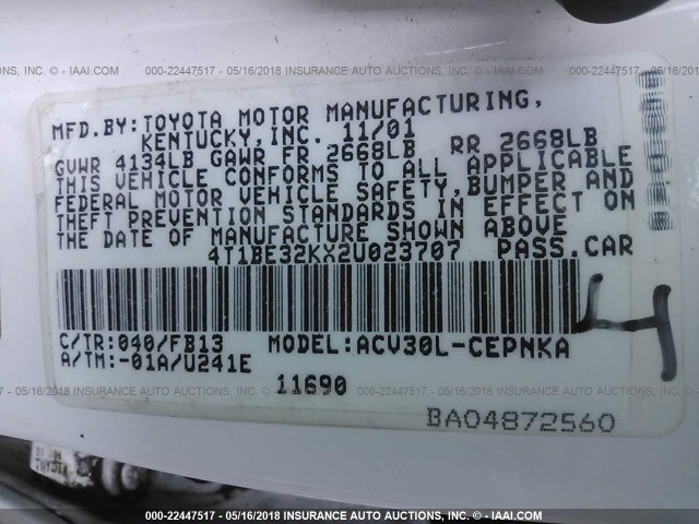 4T1BE32KX2U023707 - 2002 TOYOTA CAMRY LE/XLE/SE 白色 照片 9