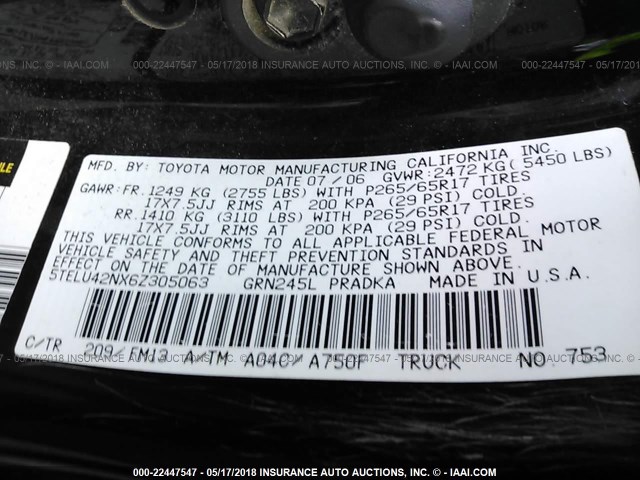 5TELU42NX6Z305063 - 2006 TOYOTA TACOMA DOUBLE CAB შავი ფოტო 9