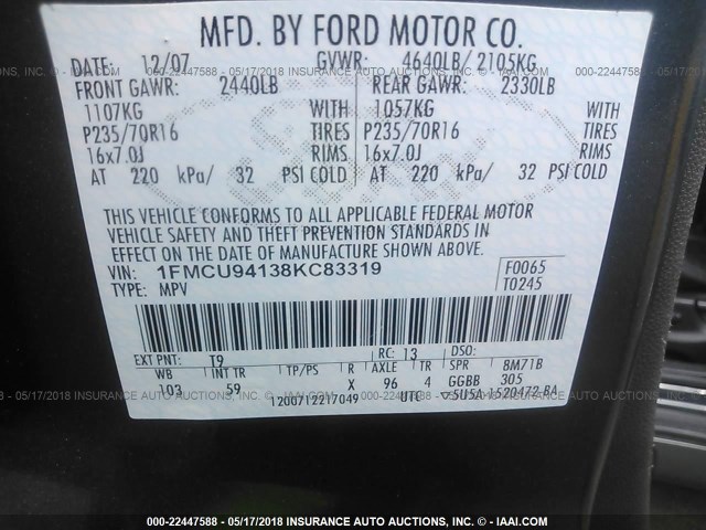 1FMCU94138KC83319 - 2008 FORD ESCAPE LIMITED GRAY photo 9