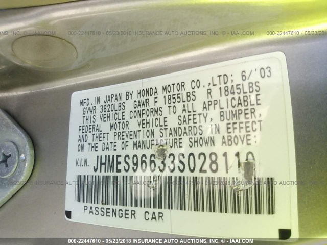 JHMES96633S028110 - 2003 HONDA CIVIC HYBRID SILVER photo 9