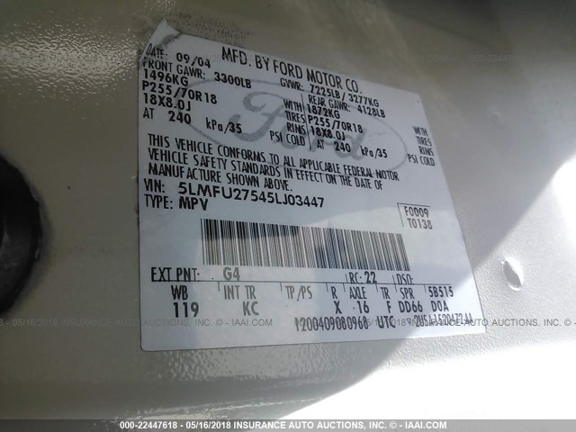 5LMFU27545LJ03447 - 2005 LINCOLN NAVIGATOR WHITE photo 9