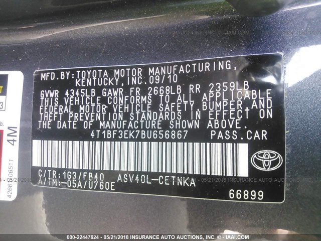 4T1BF3EK7BU656867 - 2011 TOYOTA CAMRY SE/LE/XLE GRAY photo 9