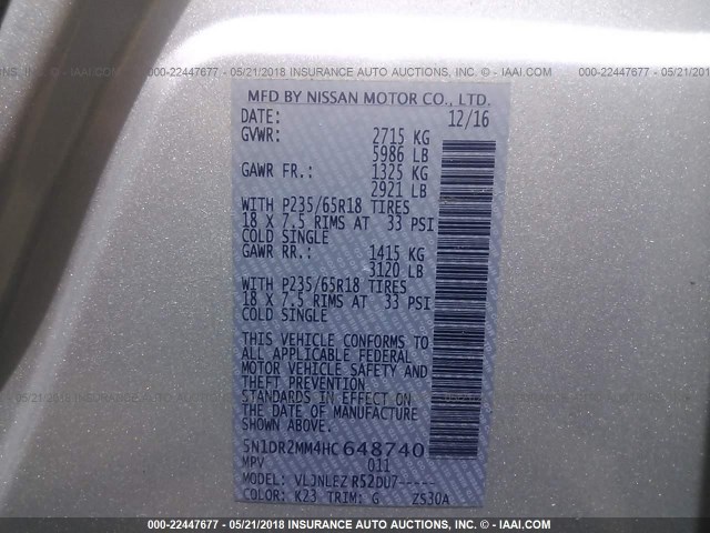 5N1DR2MM4HC648740 - 2017 NISSAN PATHFINDER S/SV/SL/PLATINUM 灰色 照片 9