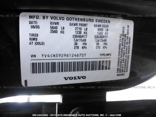 YV4CN592961246707 - 2006 VOLVO XC90 BLACK photo 9