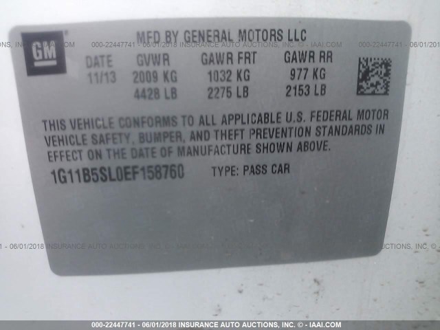 1G11B5SL0EF158760 - 2014 CHEVROLET MALIBU LS WHITE photo 9