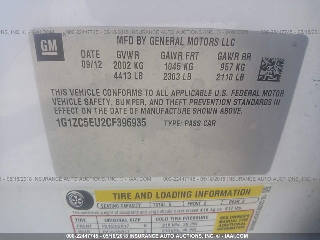 1G1ZC5EU2CF396935 - 2012 CHEVROLET MALIBU 1LT თეთრი ფოტო 9