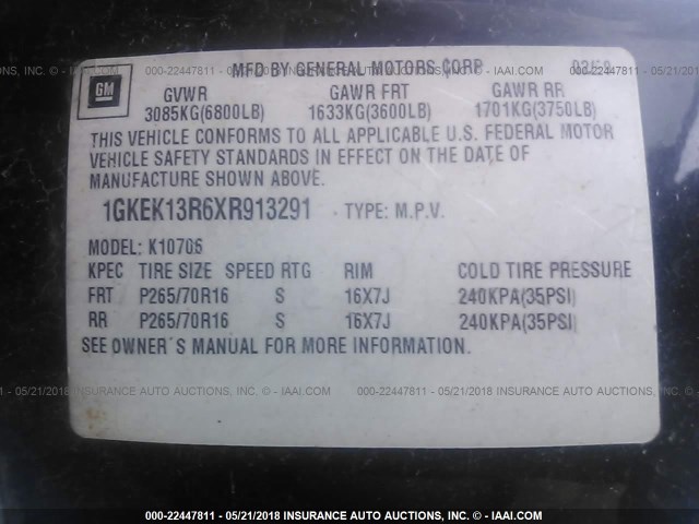 1GKEK13R6XR913291 - 1999 GMC DENALI BLACK photo 9