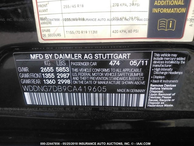 WDDNG7DB9CA419605 - 2012 MERCEDES-BENZ S 550 BLACK photo 9