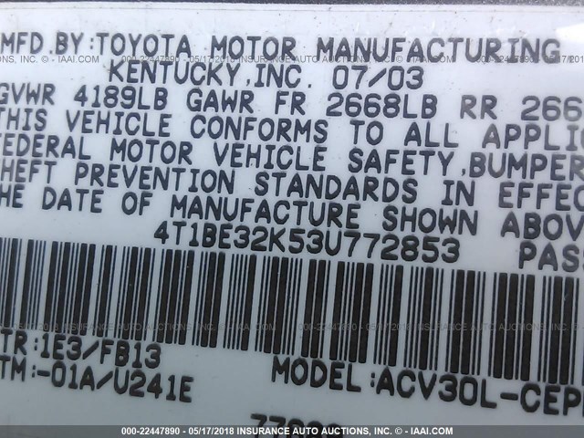 4T1BE32K53U772853 - 2003 TOYOTA CAMRY LE/XLE/SE GRAY photo 9
