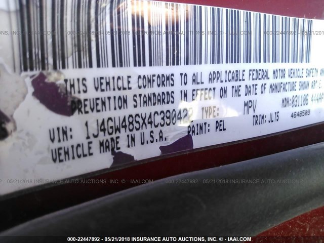 1J4GW48SX4C390422 - 2004 JEEP GRAND CHEROKEE LAREDO/COLUMBIA/FREEDOM 红色 照片 9