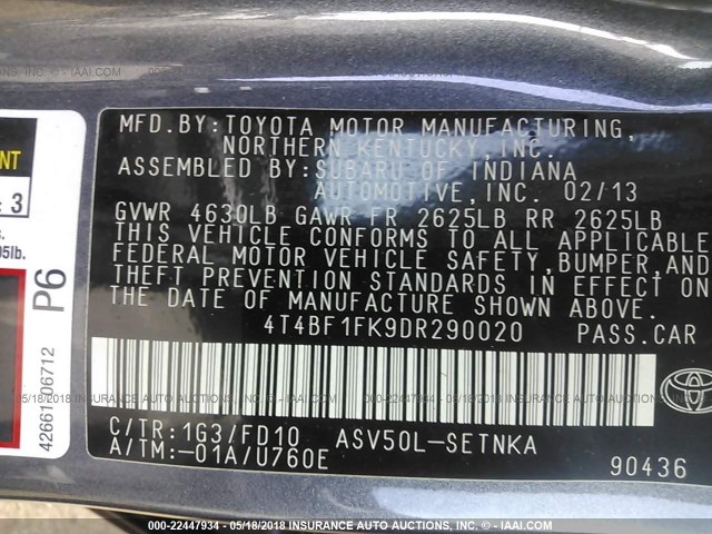 4T4BF1FK9DR290020 - 2013 TOYOTA CAMRY L/SE/LE/XLE GRAY photo 9