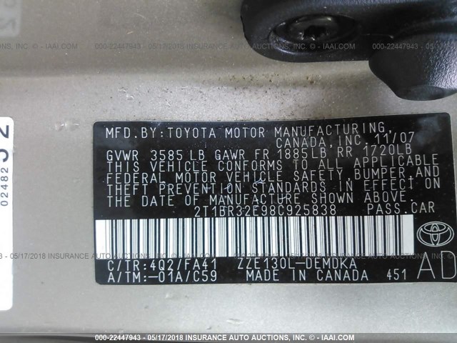 2T1BR32E98C925838 - 2008 TOYOTA COROLLA CE/LE/S TAN photo 9