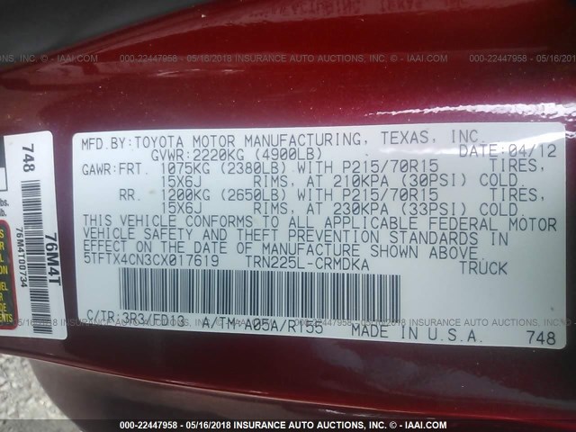 5TFTX4CN3CX017619 - 2012 TOYOTA TACOMA ACCESS CAB Rot Foto 9