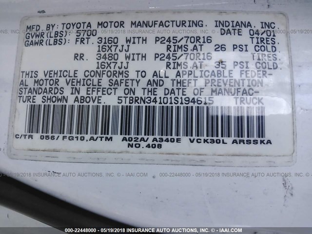 5TBRN34101S194615 - 2001 TOYOTA TUNDRA ACCESS CAB SR5 WHITE photo 9