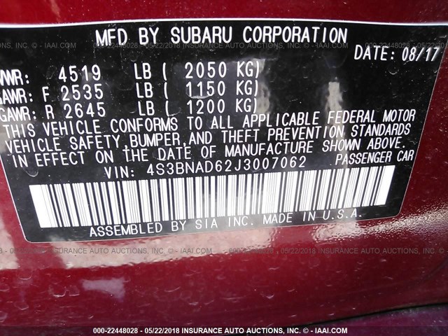 4S3BNAD62J3007062 - 2018 SUBARU LEGACY 2.5I PREMIUM MAROON photo 9