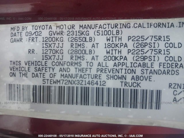 5TEWM72NX3Z146412 - 2003 TOYOTA TACOMA XTRACAB RED photo 9