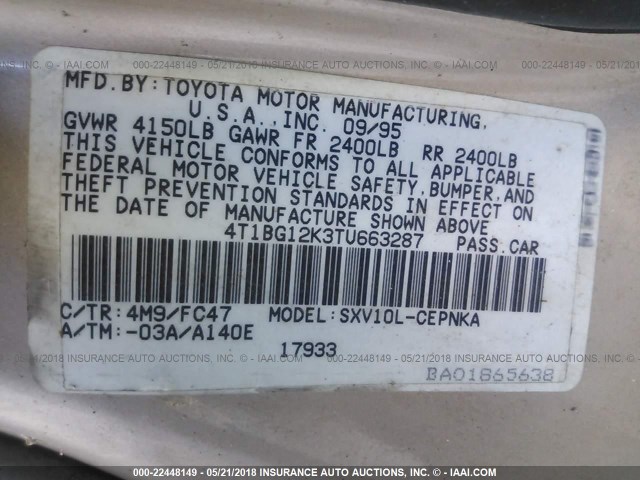 4T1BG12K3TU663287 - 1996 TOYOTA CAMRY DX/LE/XLE GOLD photo 9