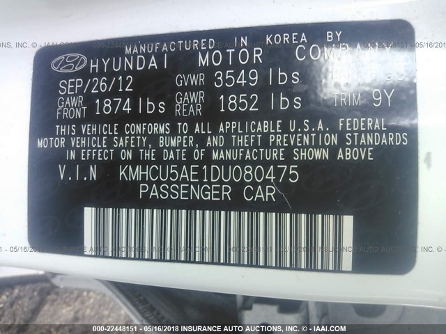 KMHCU5AE1DU080475 - 2013 HYUNDAI ACCENT GLS/SE WHITE photo 9