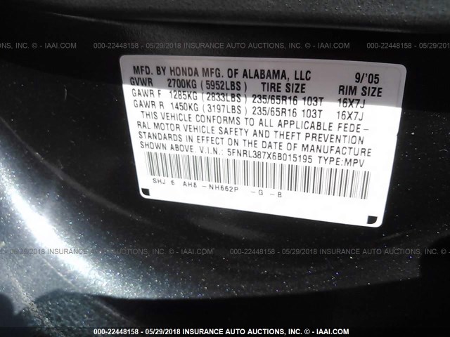 5FNRL387X6B015195 - 2006 HONDA ODYSSEY EXL Mavi foto 9