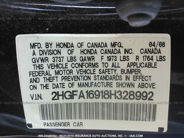 2HGFA16918H328992 - 2008 HONDA CIVIC EXL BLACK photo 9