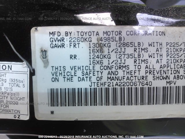 JTEHF21A220067640 - 2002 TOYOTA HIGHLANDER LIMITED BLACK photo 9