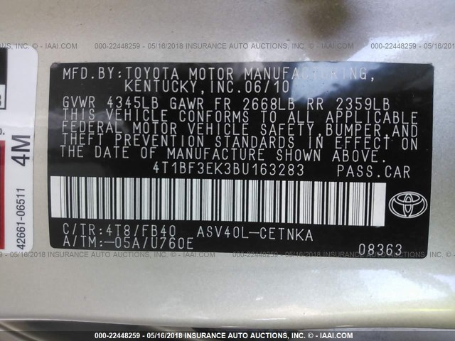 4T1BF3EK3BU163283 - 2011 TOYOTA CAMRY SE/LE/XLE 棕色 照片 9