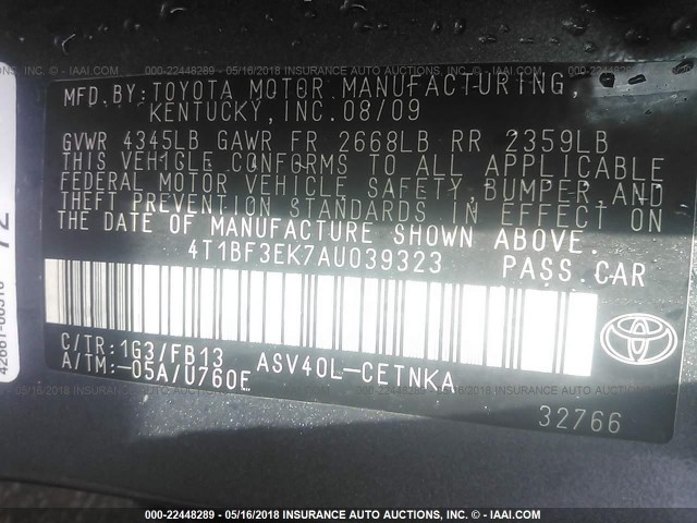 4T1BF3EK7AU039323 - 2010 TOYOTA CAMRY SE/LE/XLE 灰色 照片 9