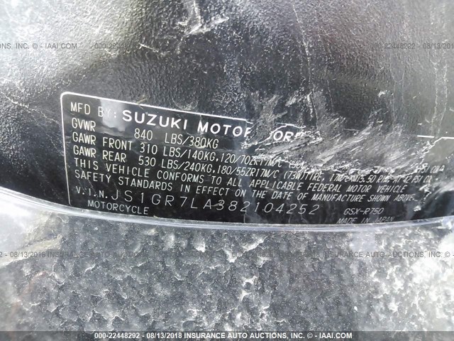 JS1GR7LA382104252 - 2008 SUZUKI GSX-R750 BLACK photo 10