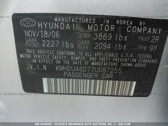 KMHDU46D77U087255 - 2007 HYUNDAI ELANTRA GLS/SE/LIMITED SILVER photo 9