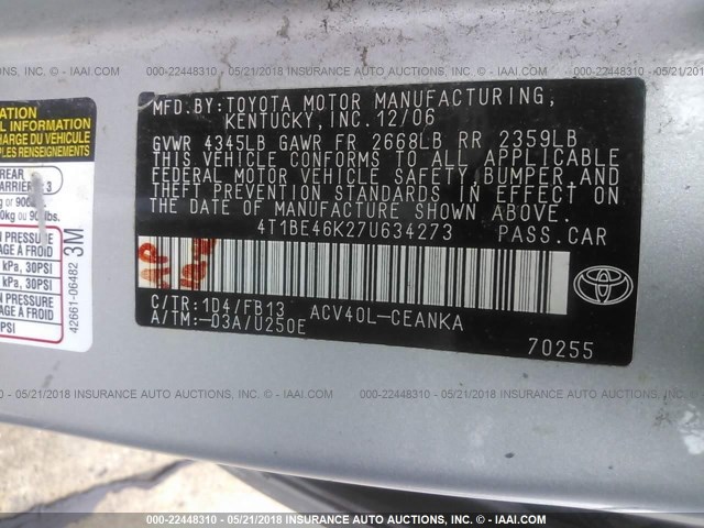 4T1BE46K27U634273 - 2007 TOYOTA CAMRY NEW GENERAT CE/LE/XLE/SE SILVER photo 9