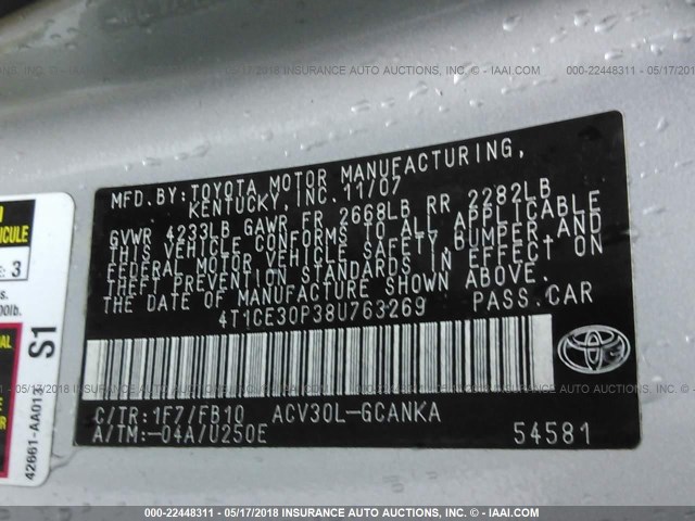 4T1CE30P38U763269 - 2008 TOYOTA CAMRY SOLARA SE/SLE/SPORT SILVER photo 9