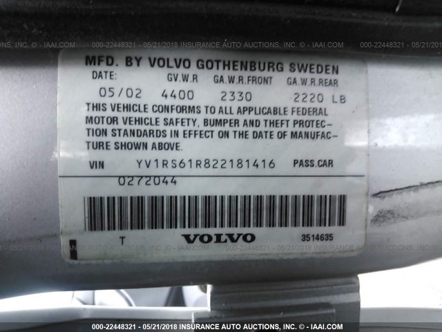 YV1RS61R822181416 - 2002 VOLVO S60 SILVER photo 9