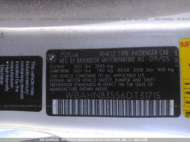 WBAHN83556DT31715 - 2006 BMW 750 LI SILVER photo 9