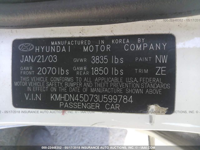 KMHDN45D73U599784 - 2003 HYUNDAI ELANTRA GLS/GT WHITE photo 9