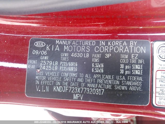 KNDJF723X77320317 - 2007 KIA SPORTAGE EX/LX RED photo 9