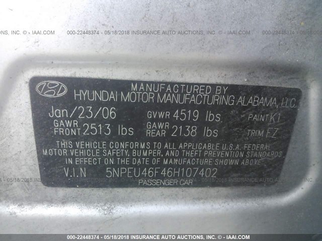 5NPEU46F46H107402 - 2006 HYUNDAI SONATA GLS/LX SILVER photo 9