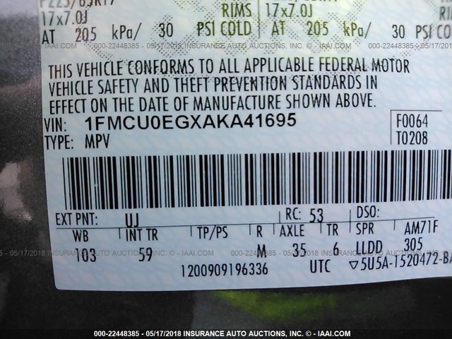 1FMCU0EGXAKA41695 - 2010 FORD ESCAPE LIMITED GRAY photo 9