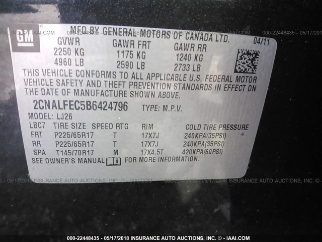 2CNALFEC5B6424796 - 2011 CHEVROLET EQUINOX LTZ BLACK photo 9