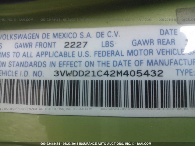 3VWDD21C42M405432 - 2002 VOLKSWAGEN NEW BEETLE GLX 绿色 照片 9