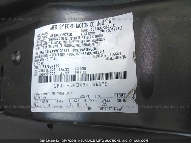 1FAFP343X3W131875 - 2003 FORD FOCUS SE COMFORT/SE SPORT GRAY photo 9