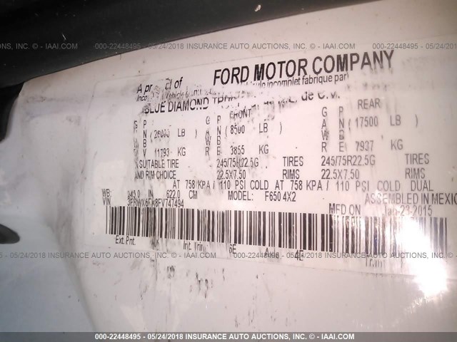 3FRWX6FK8FV747494 - 2015 FORD F650 SUPER DUTY WHITE photo 10